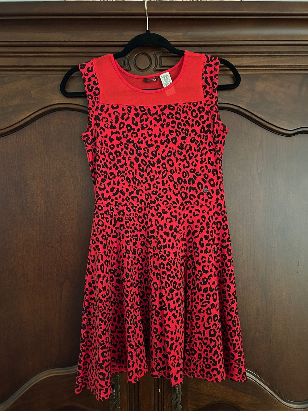 Guess Girls Red and Black Leopard Print Fit-and-Flare Dress